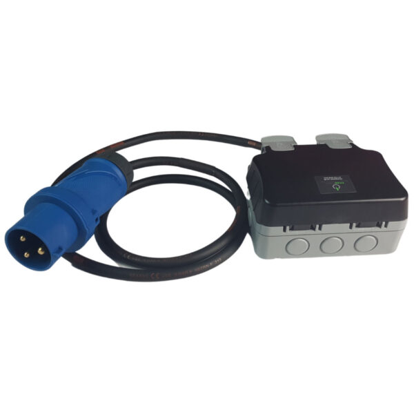 240v Adaptor - 16Amp Plug to 13Amp x 2 Waterproof Sockets