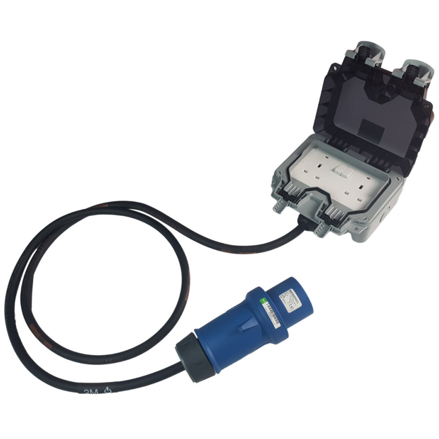 16Amp Plug to 13Amp x 2 Waterproof Sockets for hire