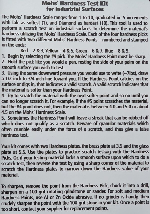 MOHS' Hardness Test Kit - Instructions