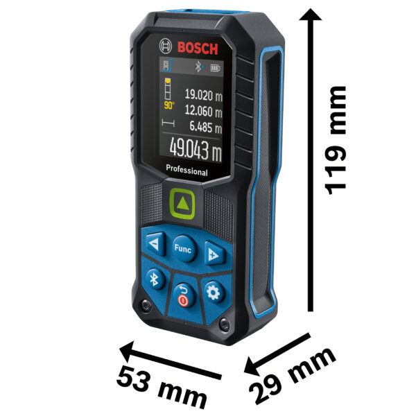 Technical diagram showing the 119mm height and 53mm width of the Bosch GLM 50-27 CG.