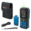Complete Bosch 50m green beam laser measure hire kit including pouch, battery, and cable.