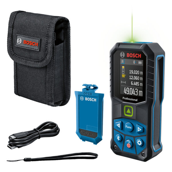 Complete Bosch 50m green beam laser measure hire kit including pouch, battery, and cable.
