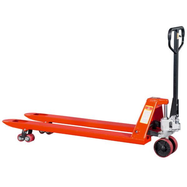 Pallet Truck - 1500mm long reach - left side raised 2000kg capacity pallet truck in fully raised position with heavy-duty hydraulics