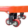 1500mm Pallet Truck - Polyurethane Tandem Rollers Front view of the non-marking Polyurethane (PU) steer wheels and silver hydraulic pump on a 2000kg capacity pallet truck.