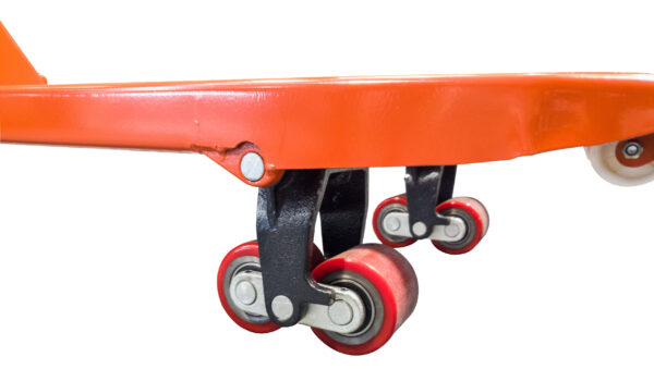 1500mm Pallet Truck - Polyurethane Tandem Rollers Front view of the non-marking Polyurethane (PU) steer wheels and silver hydraulic pump on a 2000kg capacity pallet truck.